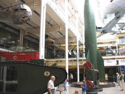 Inside Imperial War Museum with view of a tank and V2 rocket