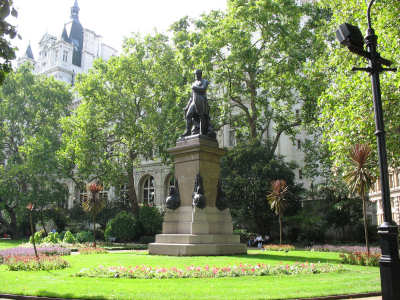 Victoria Embankment Gardens park with our hotel, The Royal Horseguards, in the background